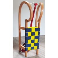 Mia Kinderrodel aus Buchenholz mit Gurtsitz blau/gelb geflochten