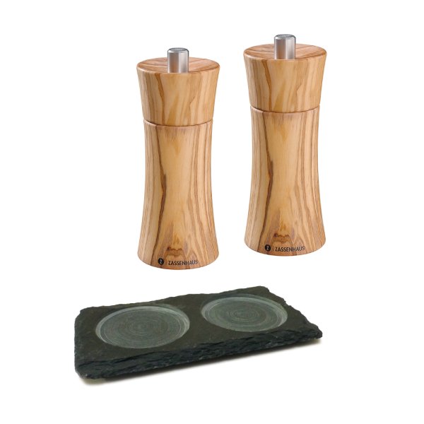 Gewürzmühlen-Set Salzmühle & Pfeffermühle Zassenhaus Frankfurt 14 cm Olivenholz mit Schiefer-Untersetzer